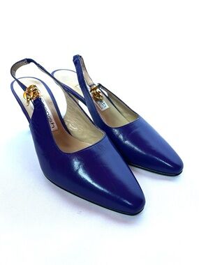 Sergio Zelcer Blue Leather Slingback Heels Gold Chain Accent Sz 7 Made in Spain